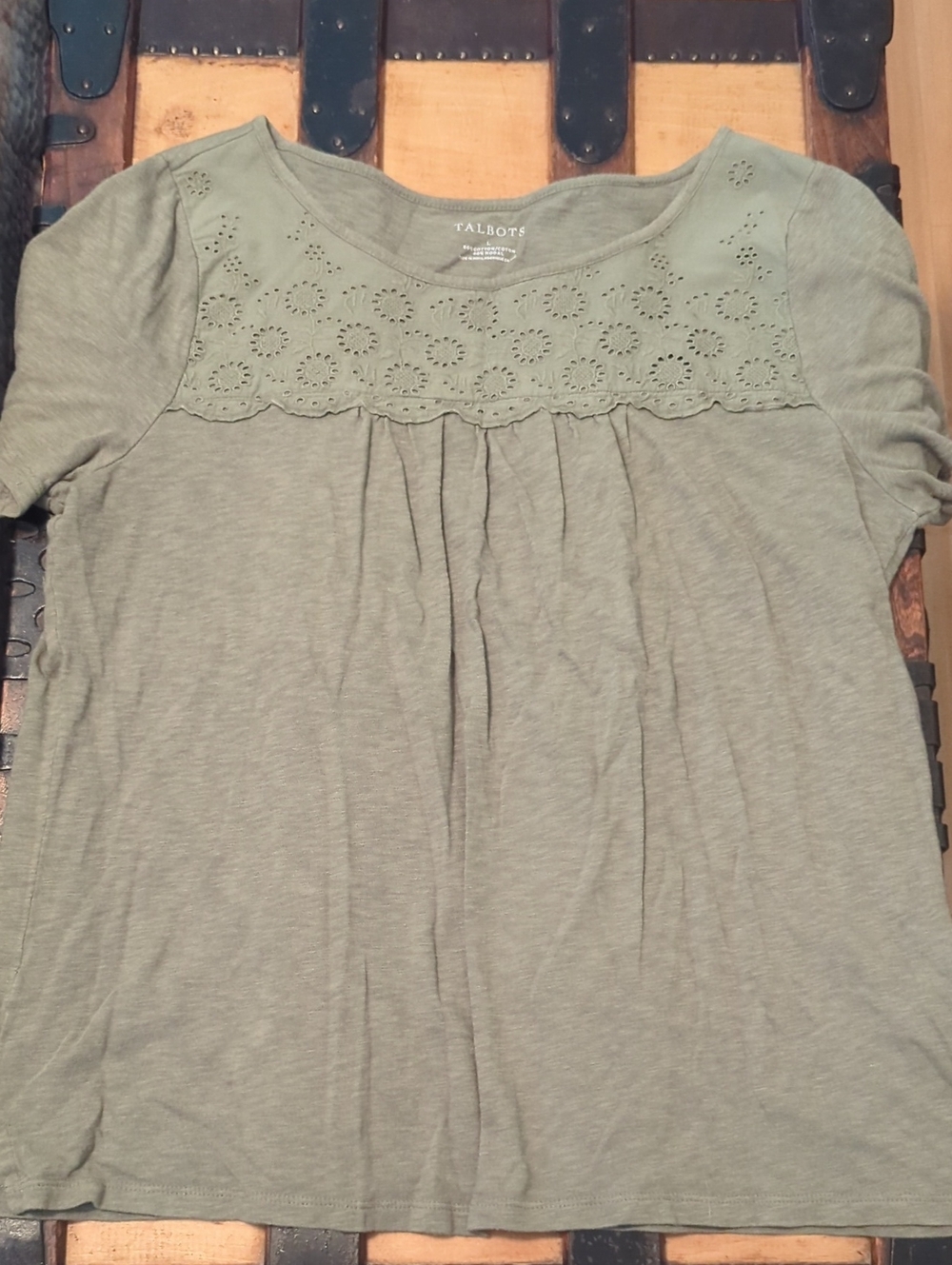 Talbots Olive Eyelet Yoke Short Sleeve Tee